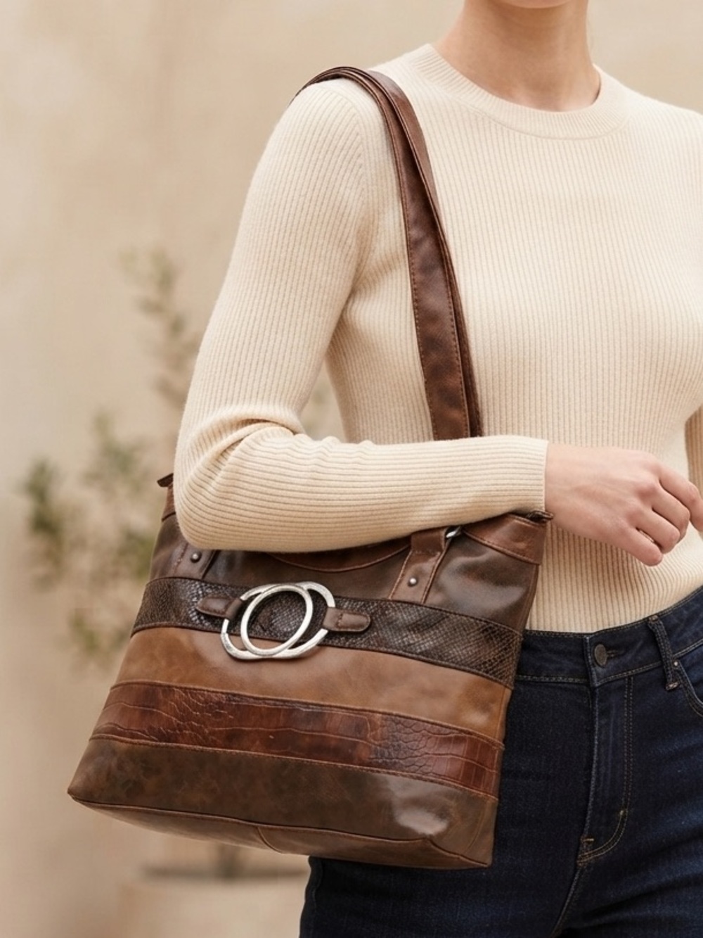 The Stone Brown Vegan Leather Patchwork Shoulder Bag